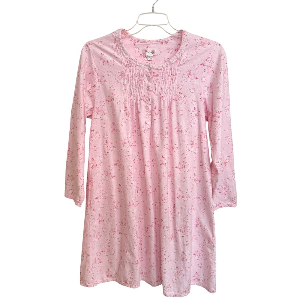 Casual Night Pink Floral Flannel Nightgown Long Sleeve Cotton Lace Trim L